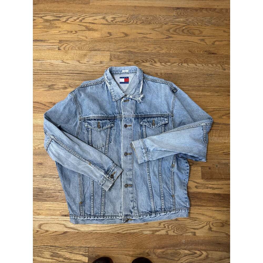 VTG 90s Tommy Hilfiger Denim Trucker Jacket Light Wash Distressed Grunge Y2K L - Picture 3 of 9